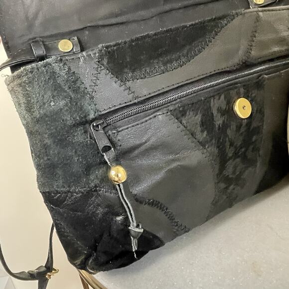 VTG Black Patchwork Boho Leather Suede 80s Shoulder Crossbody Bag Glam Studio 54 - Picture 9 of 16